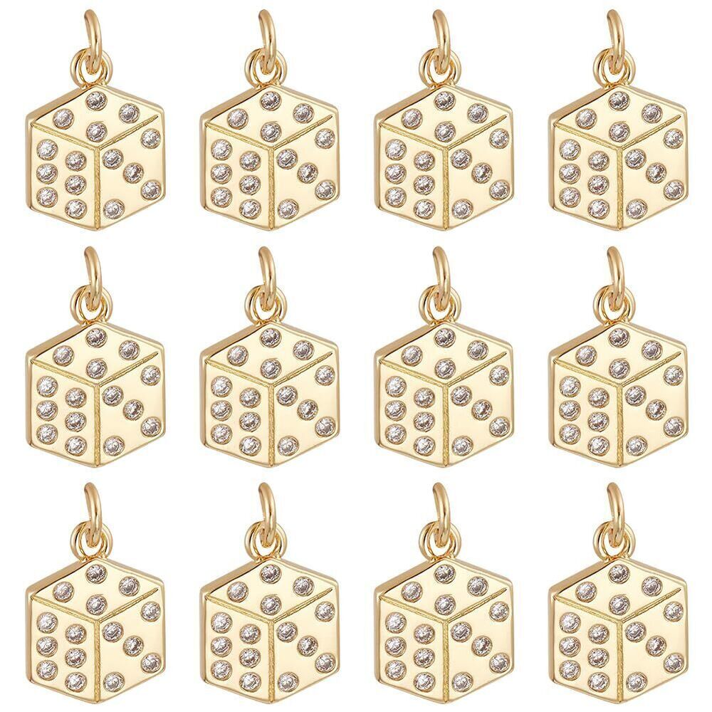5541 12pcs 18K Gold Plated Brass Dice Charms, Clear Zirconia Dice Charms